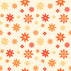 70s inspired floral seamless pattern. Various daisy spring and summer flowers. Botanical retro vintage style yellow background. Vector illustration in flat style.