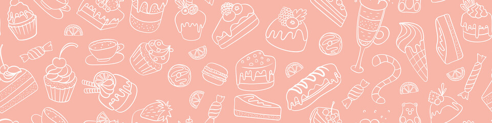 Seamless horizontal border with desserts and sweets. Cute doodle pattern. Vector illustration.