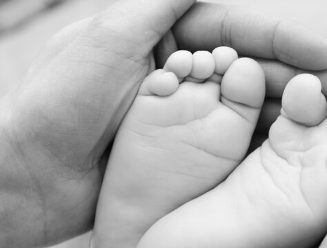 baby feet in bed with little toes stock photo