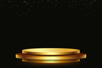 Gold and black podium template. Golden flies podium on a black background with gold glitter confetti.