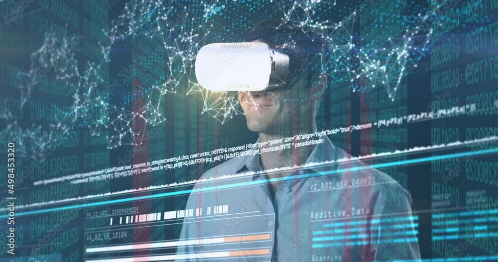 Poster animation of data processing over caucasian man with vr headset