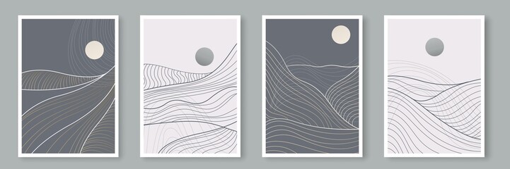 Mountain Landscape Cards Set.  Set of Minimalist Hand Drawn Line Art Templates with Mountains. Abstract Line Drawing Template Design for Card, Flyer, Greeting, Banner, Cover. Vector EPS 10
