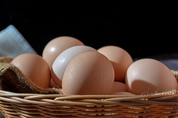 Close-up of raw chicken eggs in a basket on a gray marble background