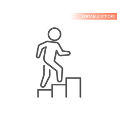 Fototapeta na wymiar Man climbing stairs line vector icon. Business growth and career success outline symbol.