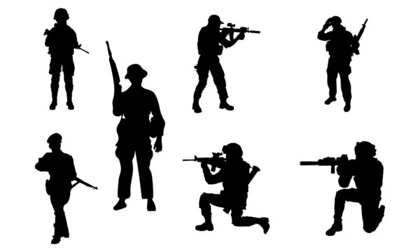 A troop of soldiers silhouette vector, a simple designed military man in black and white, a warrior in the war.