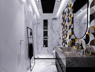 modern bathroom interior design, white ceramic bathroom design, 3d bathroom, bath and shower cabin, interior of a house, interior of a building