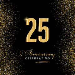 25 Year Anniversary Celebration Vector Template Design. 25 years golden anniversary sign. Gold glitter celebration. Light bright symbol for event, invitation, party, award, ceremony, greeting.