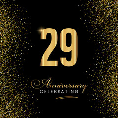 29 Year Anniversary Celebration Vector Template Design. 29 years golden anniversary sign. Gold glitter celebration. Light bright symbol for event, invitation, party, award, ceremony, greeting.