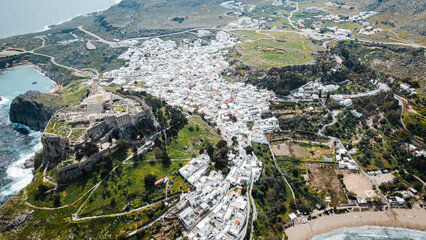 Aerial view of Lindos village in Greece, Rhodes island