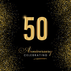 50 Year Anniversary Celebration Vector Template Design. 50 years golden anniversary sign. Gold glitter celebration. Light bright symbol for event, invitation, party, award, ceremony, greeting.