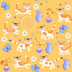 Seamless print for fabric, wallpaper for children with symbols of 2023 Chinese New Year. Cute cartoon white-orange cats, flowers, birds, jugs and cups of milk, butterflies on yellow-orange background.