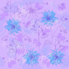 Fototapeta na wymiar Graceful layered floral seamless ornament in blue and lilac tones. A fabulously beautiful inscription 