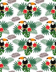 Exotic seamless print for fabric with toucans, hibiscus flowers and palm leaves on a white background in vector.