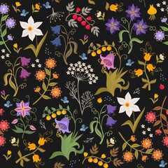 Obraz premium .Beautiful natural ornament in retro style with flowers, leaves, swirls, berries, bulbs, small butterflies, isolated on black background in vector. Seamless fabulous pattern for fabric, wallpaper.