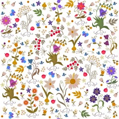 Seamless natural pattern with fabulous meadow flowers, roots, bulbs, leaves, berries, fluttering butterflies isolated on white background. Beautiful print for fabric, wallpaper in vector.