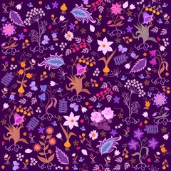 Variegated ditsy floral ornament with decorative leaves, fabulous flowers, roots, bulbs, berries, butterflies isolated on a dark purple background. Seamless print for fabric in vector.