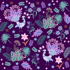 Fototapeta na wymiar Fabulous birds, flowers and palm leaves in blue, lilac and emerald green on a dark purple background in vector. Seamless print for fabric, wallpaper.
