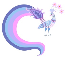 A cute cartoon peacock with an unusual tassel-like tail in blue and pink colors isolated on a white background. Beautiful vector illustration.