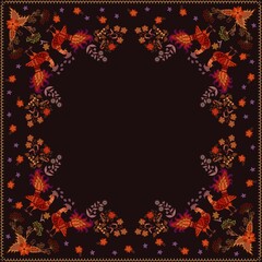 A beautiful print for a scarf, pillow, napkin, handkerchief, box cover with fabulous bright peacocks, flowers and leaves isolated on a black background in vector.