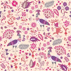 Fototapeta na wymiar Vintage seamless fairytale print with peacocks, flowers, leaves, berries, butterflies in purple and crimson tones on a delicate peach background. Natural pattern for fabric, wallpaper in retro style.