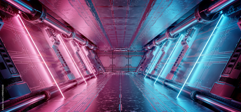 Poster Blue and pink spaceship interior with neon lights on panel walls. Futuristic corridor in space station background. 3d rendering