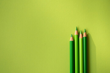 Grüne Buntstifte auf grünem Hintergrund. Freiraum für Text