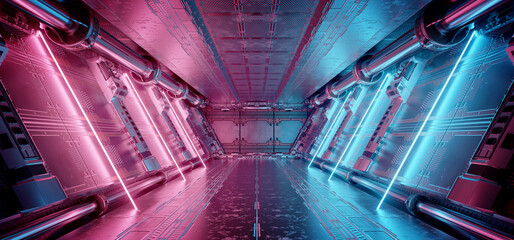 Blue and pink spaceship interior with neon lights on panel walls. Futuristic corridor in space station background. 3d rendering © sdecoret