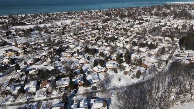 Packed residences of St. Catharines at Lake Ontario aerial