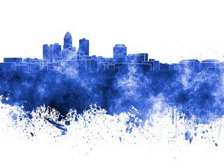 Des Moines skyline in blue watercolor on white background