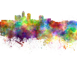Des Moines skyline in watercolor on white background