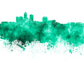Des Moines skyline in green watercolor on white background