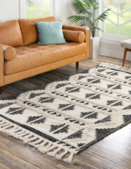 Modern contemporary living room area rug design. Interior room rug sofa chair carpet wall design.