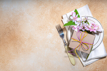 Mothers day, wedding, birthday, spring holiday greeting card background. Moms day table setting...