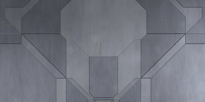 Futuristic conceptual design background. Spaceship texture wallpaper. Brushed technology pattern surface. 3D illustration. Symmetrical SciFi panels wall.