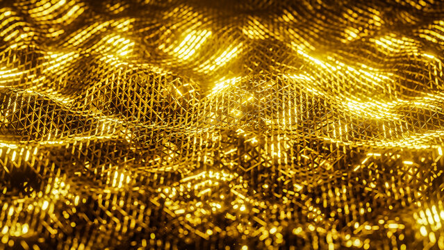Abstract shinny golden wire net wave background for product presentation and brand luxury style. ,3D model and illustration.