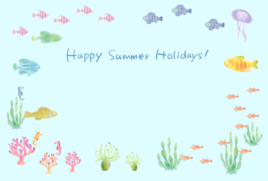 happy summer holidays!　熱帯魚　背景　水彩画