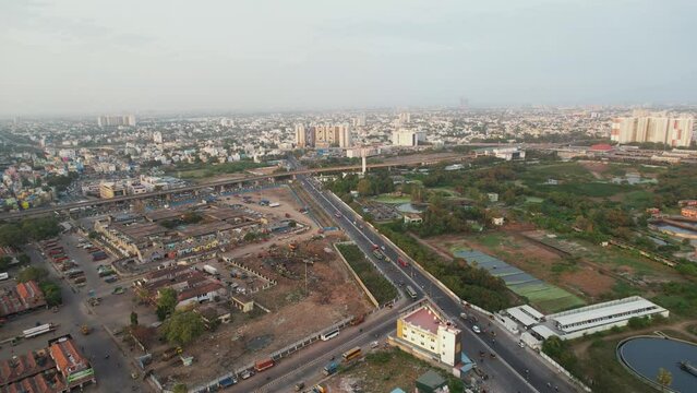 Aerial shot of Koyambedu market and bus stand. Beautiful shot shows you the Market buildings, Sewage treatment plant, Metro Bridge and Main road.