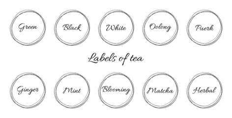 Vector minimalistic stickers or labels with names of tea in round abstract frame. Be used for making tea containers.