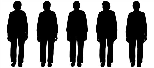 The woman stands straight without moving. Front view. Pensioner in trousers and blouse. An older woman stands and looks up, down, and forward. Black women silhouettes are isolated on white background