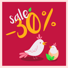 Happy Easter sale banner with birds illustration and egg on red background