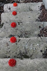 Red flowers on concrete floor. Red beeswax hand-poured candles placed on old vintage concrete steps with dried leaves and moss