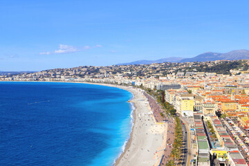Fototapeta na wymiar View at the city Nice, the Promenade des Anglais, the beach and the mediterranean sea, France