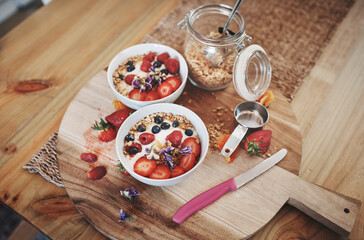 Food worth getting out of bed for. Shot of a healthy breakfast on a table at home.
