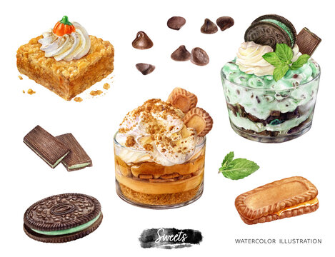 Sweet desserts watercolor isolated on white background. Chocolate drops, caramel biscuits cookie, mousse dessert whipped cream, pumpkin pie, sandwich chocolate cookie, mint chocolate cream cheese 