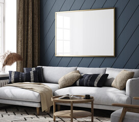 Frame mockup in home interior, living room in dark blue color, 3d render