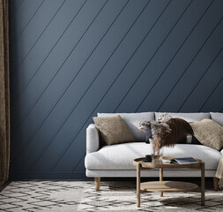 Home mockup, living room interior in dark blue color, 3d render