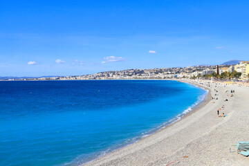 View at the city Nice, the Promenade des Anglais, the beach and the mediterranean sea, France