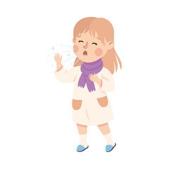 Sick Little Girl Coughing Feeling Unwell Suffering from Flu and Sore Throat Vector Illustration