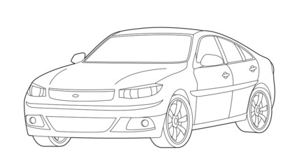 Car line drawing. Technology concept. Line art with details, vector illustration. Transportation icon. Automobile outline view. Template for car branding. Isolated on white background
