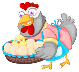 Cute chicken cartoon character holding a basket of eggs and chick